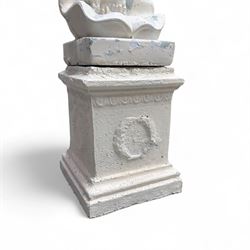 Cast stone garden statue, painted in a white finish on plinth