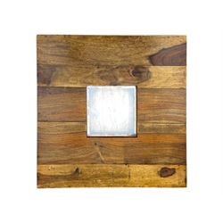 Pair of contemporary hardwood occasional tables, square tops with central recessed acrylic panels, on block pedestal bases