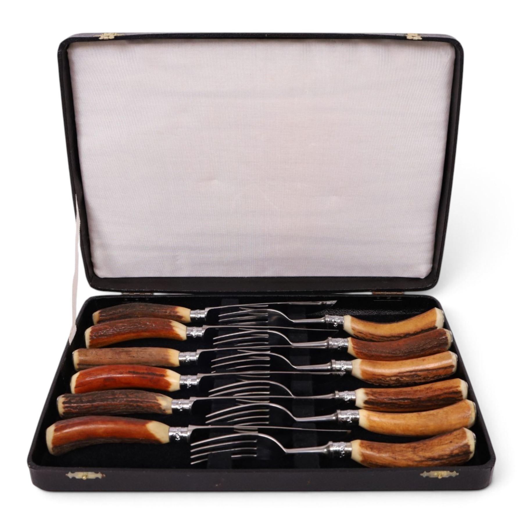Taylor's Sheffield Antler handled cutlery set for six, cased 