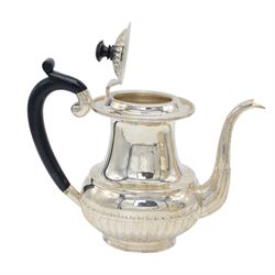Late 20th century Indian Colonial silver six piece tea and coffee service, comprising coffee pot, hot water pot, teapot, milk jug, open sucrier and tray, all of oval part fluted form, the tea and coffee pot with ebonised wooden handles and finials, stamped SIL and with maker's mark for Cooke & Kelvey New Dehli, within two boxes and with original receipt for 1999