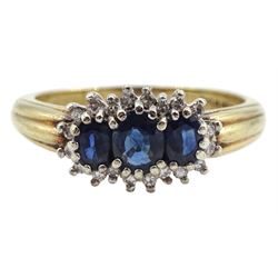9ct gold three stone oval sapphire and round brilliant cut diamond cluster ring, hallmarked