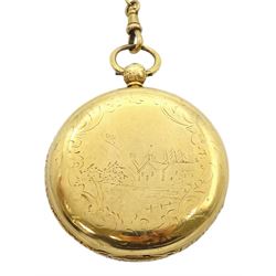 Victorian 18ct gold open face English lever fusee pocket watch by Frisch & Schierwater, Liverpool, No. 14789, cream dial with Roman numerals and outer Arabic minute ring, the back case with engraved decoration depicting a village scene, case by Christopher Jones, Chester 1843, on gold chain with silver vesta case by A & J Zimmerman Ltd