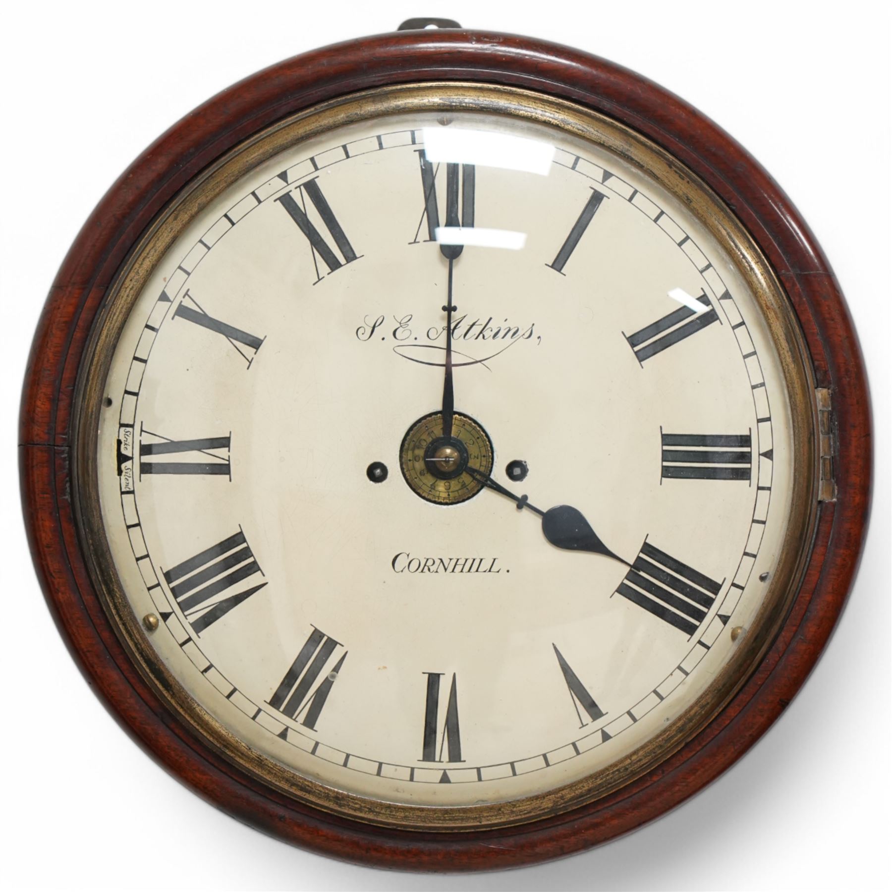 Samuel Elliot Atkins of Cornhill, London - mid-19th century twin fusee 8-day wall clock with a mahogany wooden bezel, pendulum regulation door and fish-scale brass side frets, with a cast false plate, 12