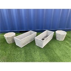 Pair of composite stone rectangular troughs and two small planters (4) - THIS LOT IS TO BE COLLECTED BY APPOINTMENT FROM DUGGLEBY STORAGE, GREAT HILL, EASTFIELD, SCARBOROUGH, YO11 3TX