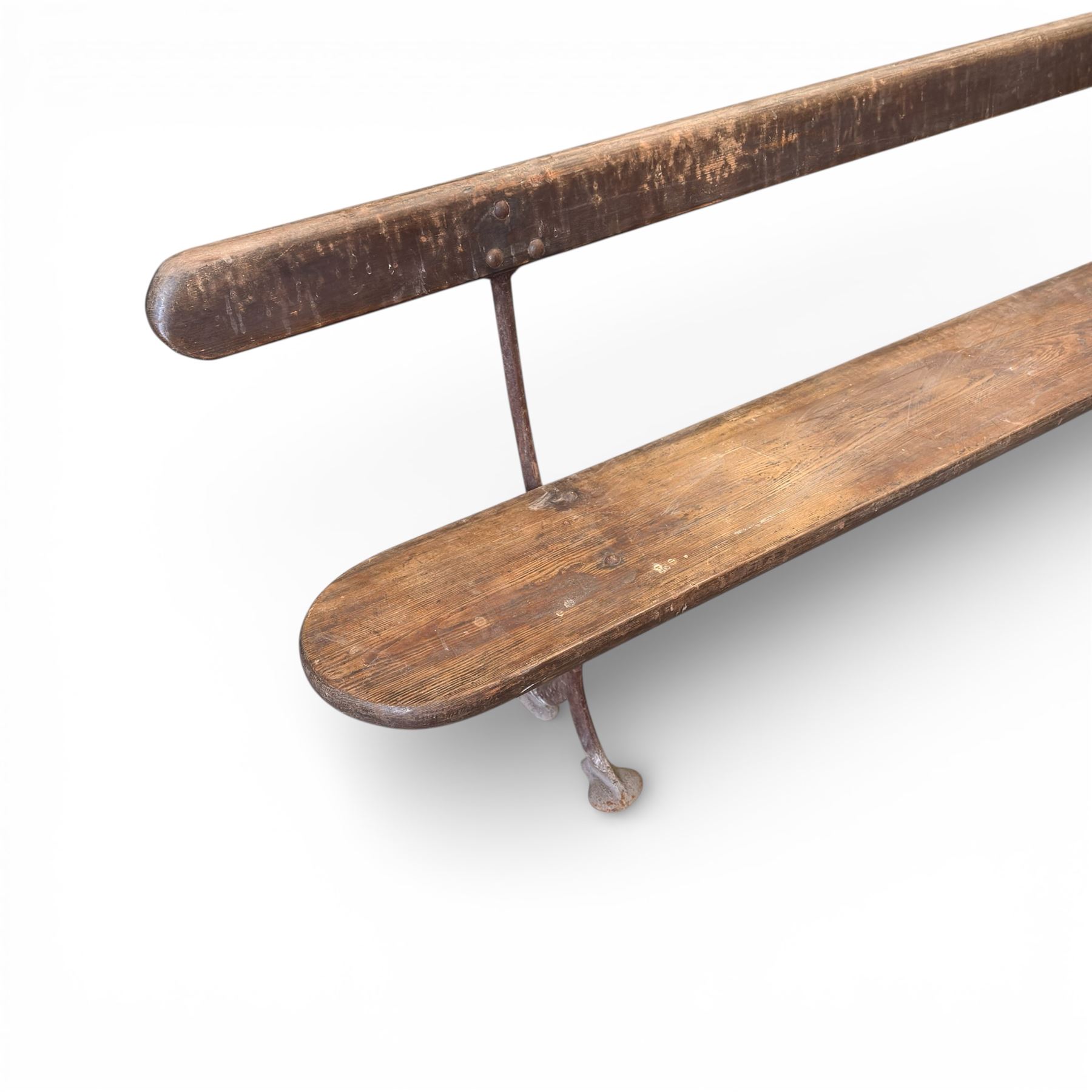 Early 20th century cast iron and painted wood bench, plank seat and back