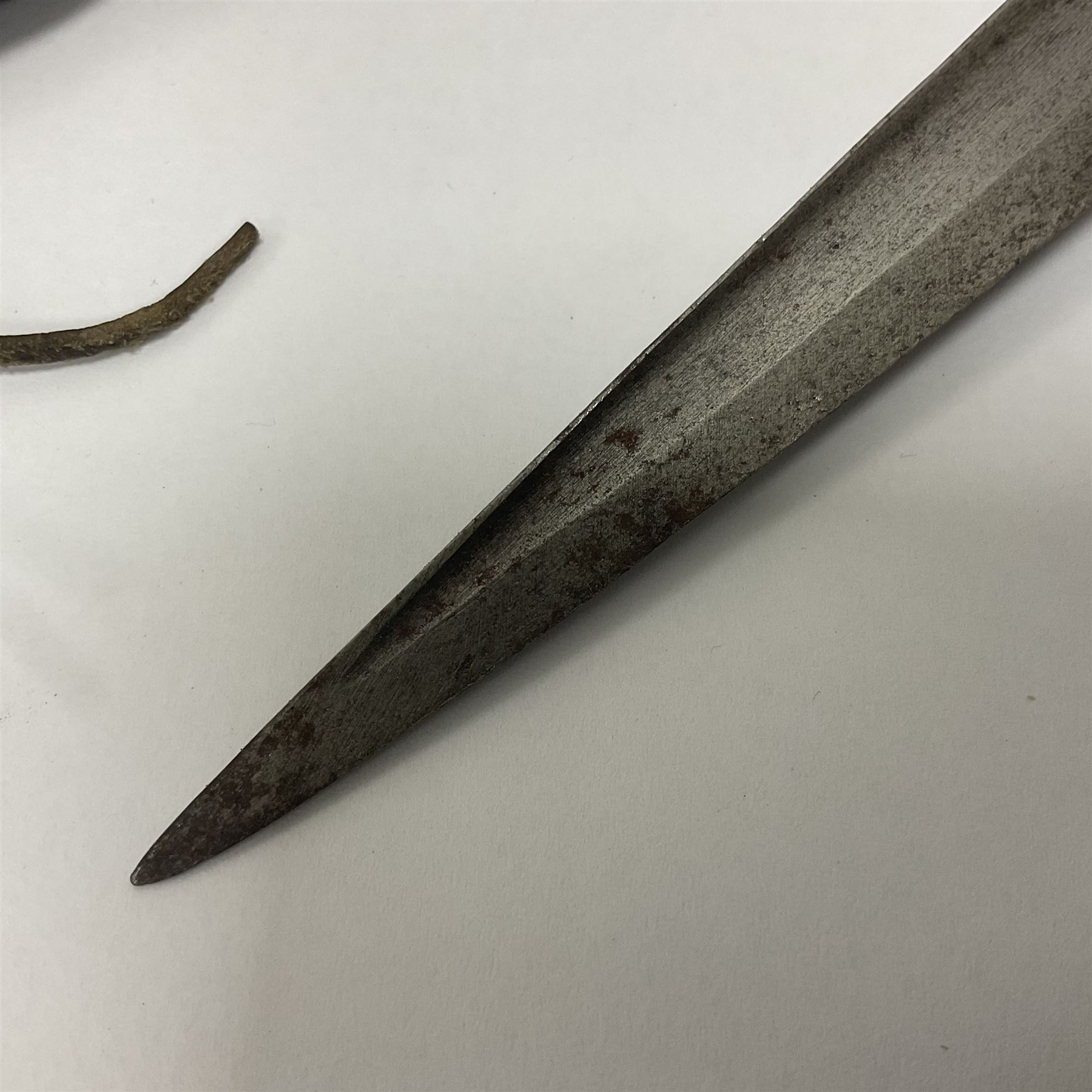 Afghan Khyber knife (Choora), blade engraved along the top edge with ornate brass and bone grip, with leather scabbard, overall L31cm, blade L20cm