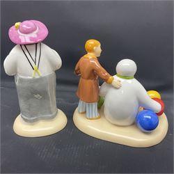 Four Coalport Characters The Snowman figures, comprising Dancing the Night Away with certificate, Penguin Pals, with certificate, Dressing Up and Soft Landing, all with original boxes 