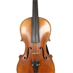 Two 19th century violins, each with two piece maple backs, ebonised wooden pegs and finger boards and modern plastic chin rests, with two bows, all contained within a modern two-violin soft case with red interior