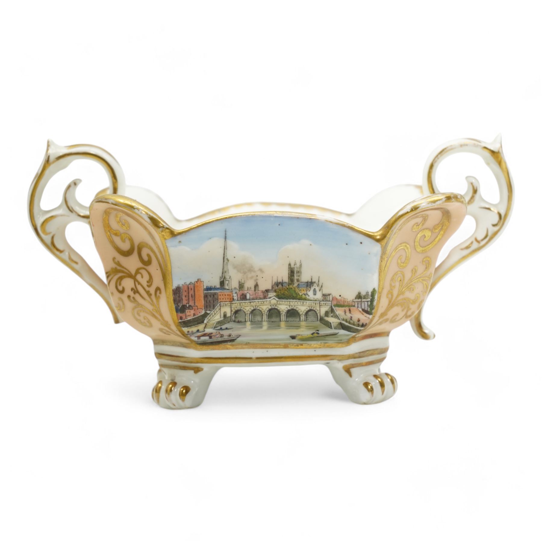 Early 19th century Chamberlain Worcester porcelain bottle form vase, the body painted with a view of Worcester Cathedral and Bridge over the Severn, within gilt borders against a blue ground, unmarked, H13.5cm, together with a Grainger’s Worcester pot pourri base, of twin handled form painted with a similar view, printed marks beneath, lacking covers, L11cm (2)