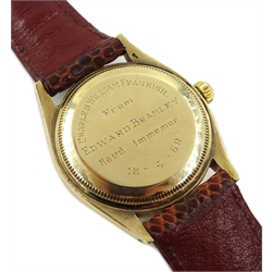  Rolex Oyster Perpetual 9ct gold wristwatch 1954, calibre 1030 serial no 44996 on snake skin strap original buckle  