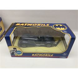 Five Corgi Batmobile die-cast vehicles from the DC Comics collection, to include 1940’s DC Comics BMBV2 1:18 and BMBV1 1:24 scale Batmobiles, all in original boxes 
