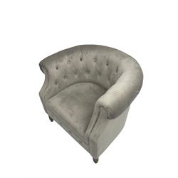 Grey velvet Chesterfield button pressed tub chair with rolled arms, turned legs