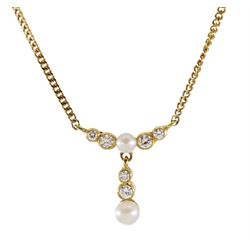 18ct gold five stone diamond and two stone pearl pendant necklace, London import marks 1983