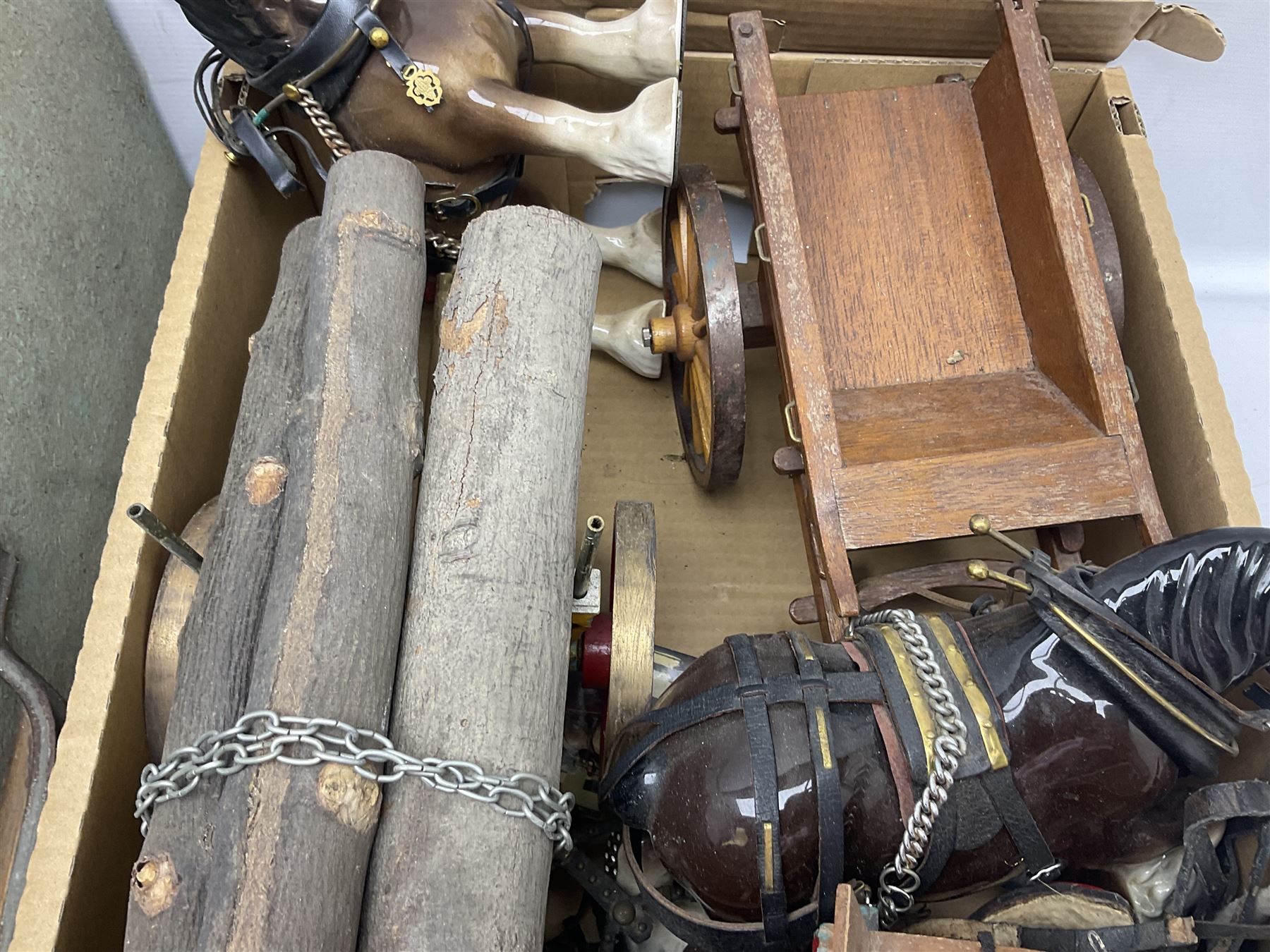 Melba Ware Shire horse figure and two similar, and four wood carts