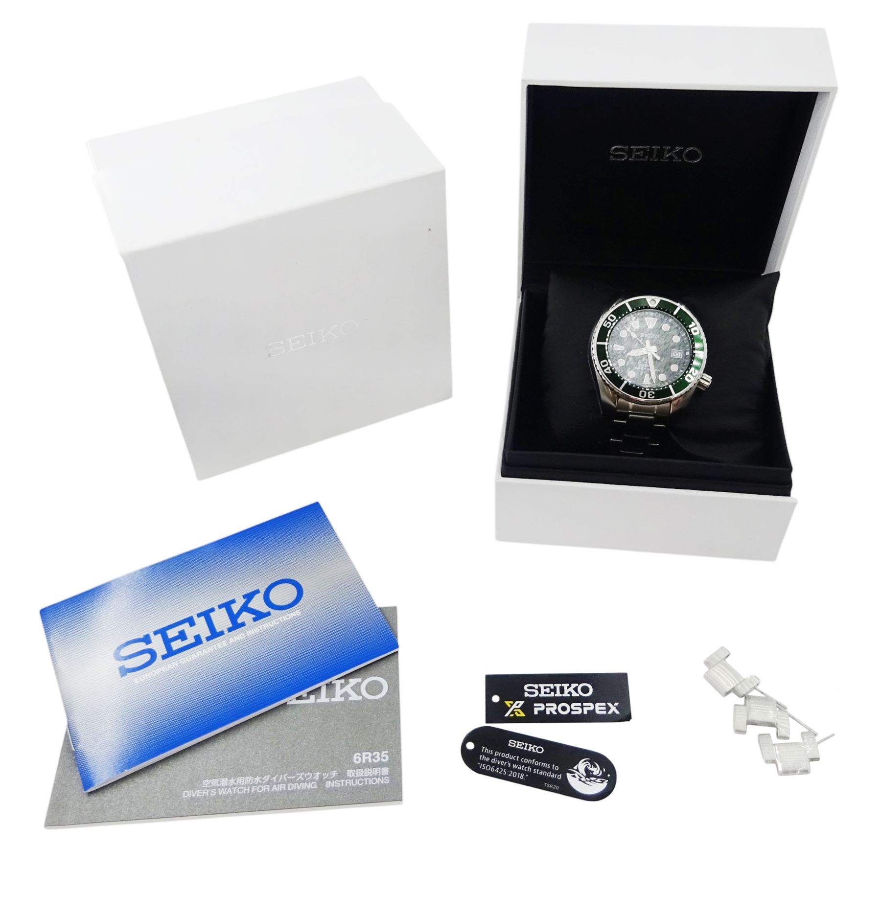 Seiko Prospex gentleman's stainless steel automatic wristwatch, Ref. 6R35-00A0, green dial with luminous hour markers, date aperture and unidirectional rotating green bezel, on stainless steel strap, with fold-over clasp, boxed with additional links and guarantee card dated 2019   