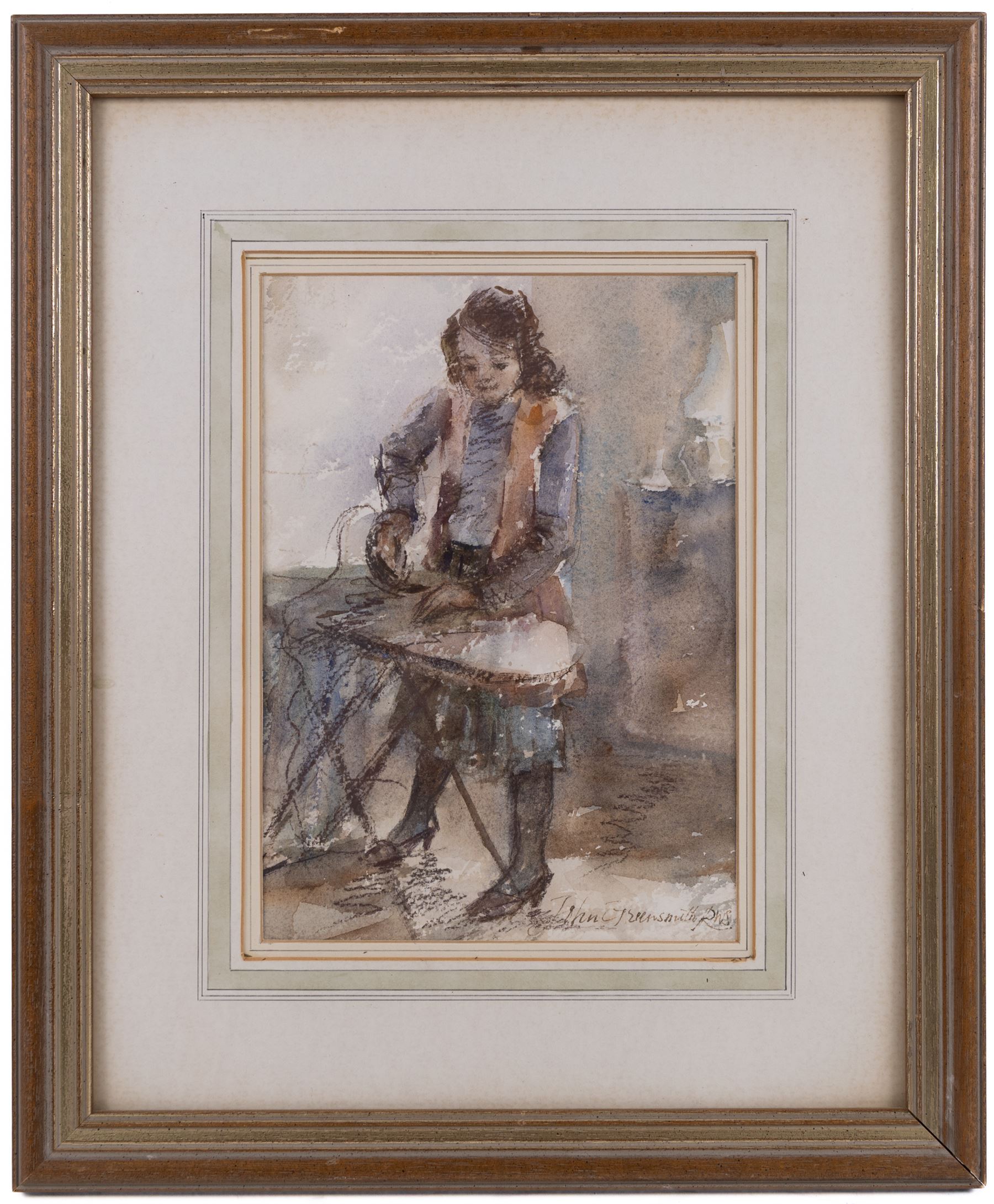 John Greensmith (British 1932-): Girl Ironing, watercolour and ink signed 24.5cm x 17cm 
