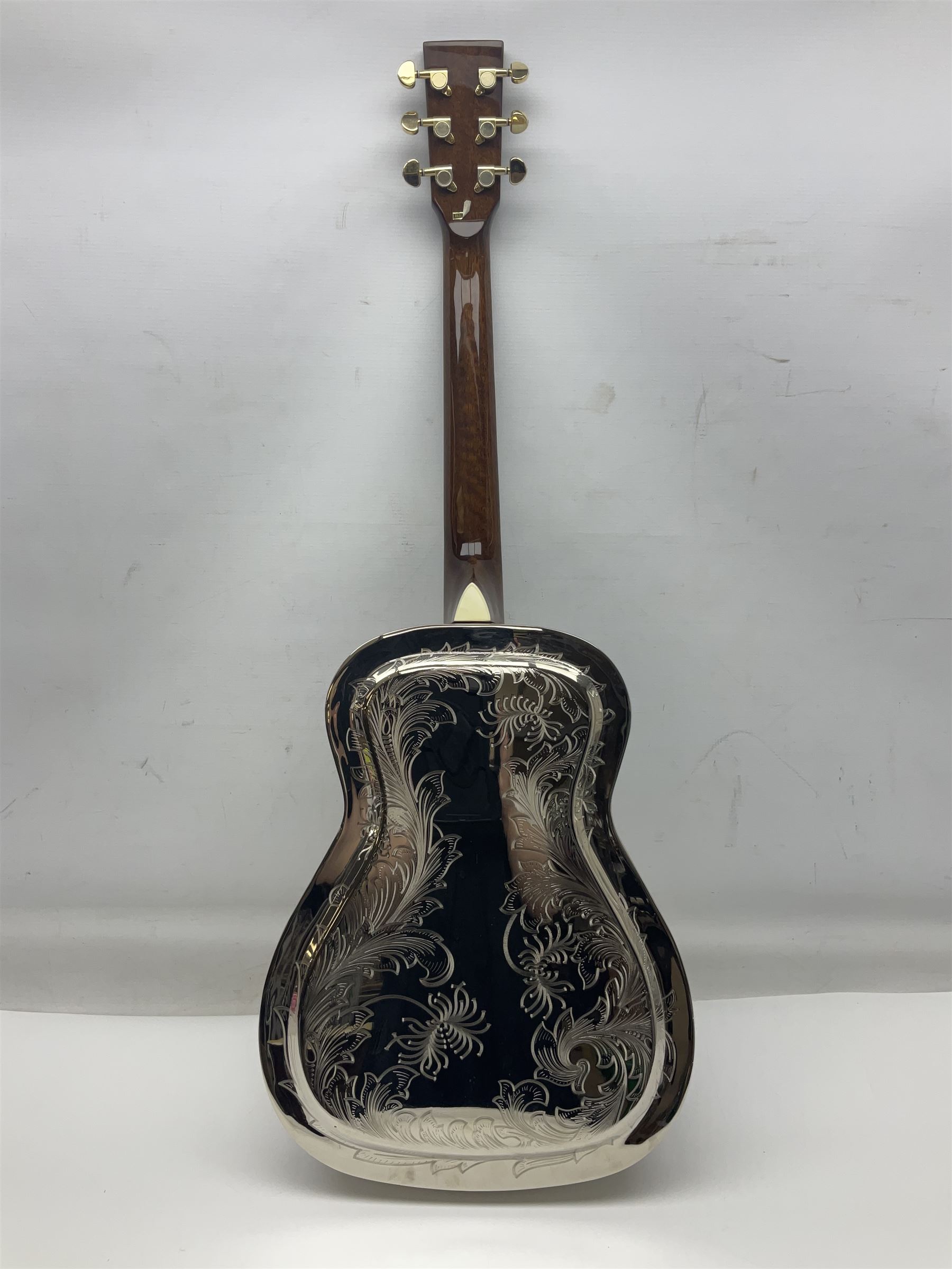Ozark Dobro chromium plated on brass National style resonator guitar with foliate engraving L98cm; in Ritter soft carrying case