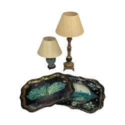 Two lamps and two reproduction papier mache style trays
