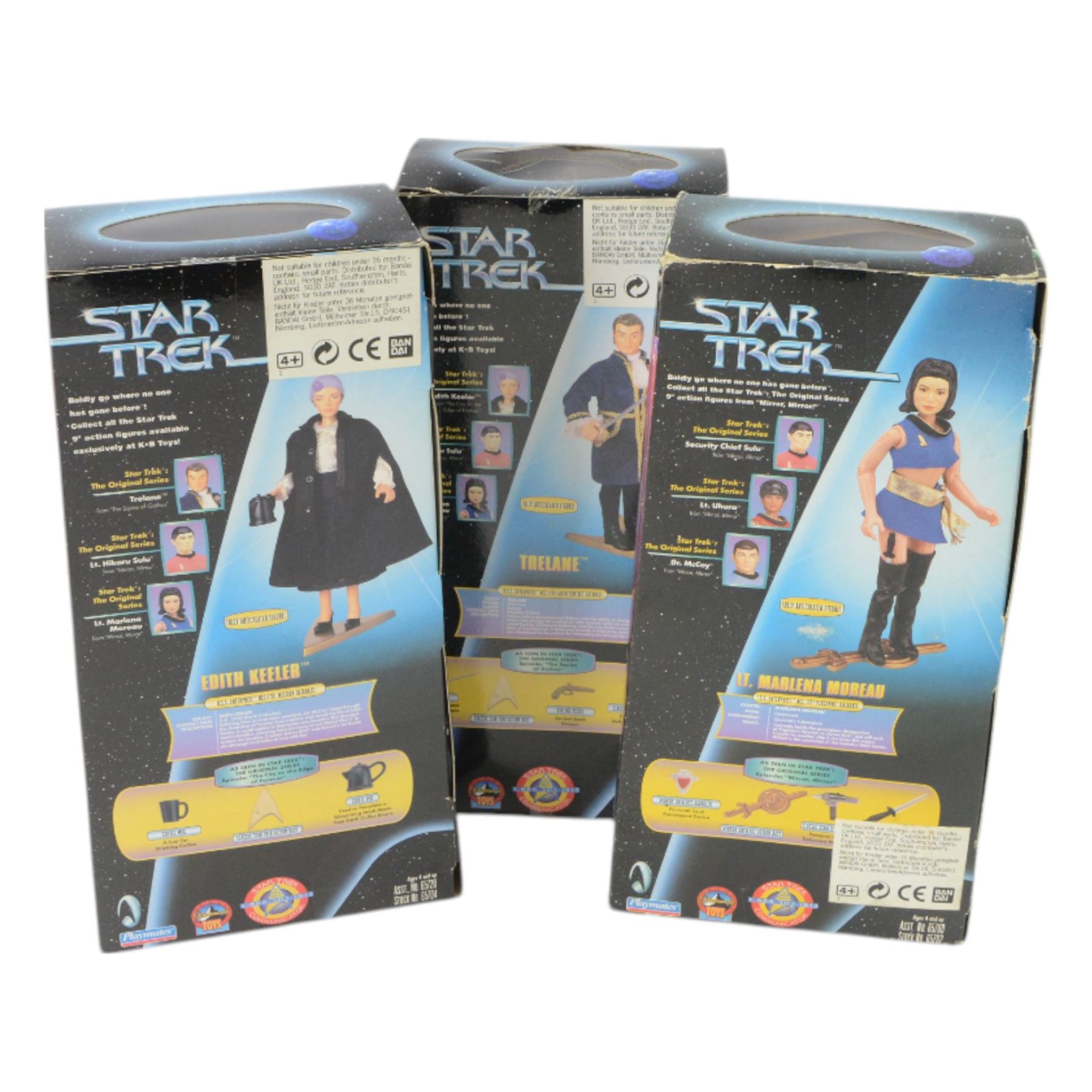 Three Playmates Star Trek figures, comprising LT Marlena Moreau, Edith Keller and Trelane, together with an Art Asylum Mirror Scotty action figure, all boxed