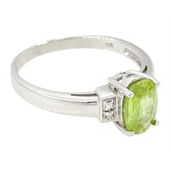 9ct white gold three stone oval cut peridot and diamond ring, hallmarked