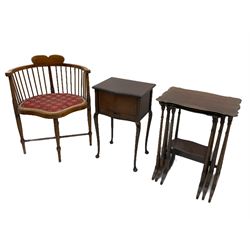 Edwardian corner chair, sewing box, nest of tables, two chairs, luggage stand, stool, drop leaf table and occasional table