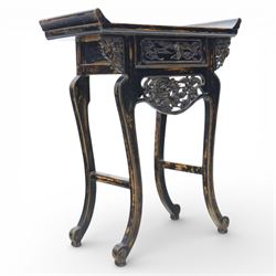 Early 20th century Chinese lacquered altar table, rectangular top above single frieze draw...