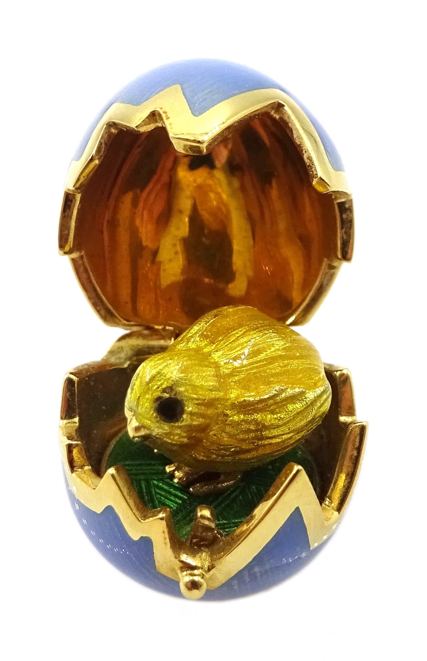 Victor Mayer for Faberge 18ct gold and blue guilloche enamel pendant, hinged lid revealing chick within, limited edition No.617/1000 reference No. F-1817 OB, stamped 750, boxed with certificate of authenticity 

[image code: 6mc]