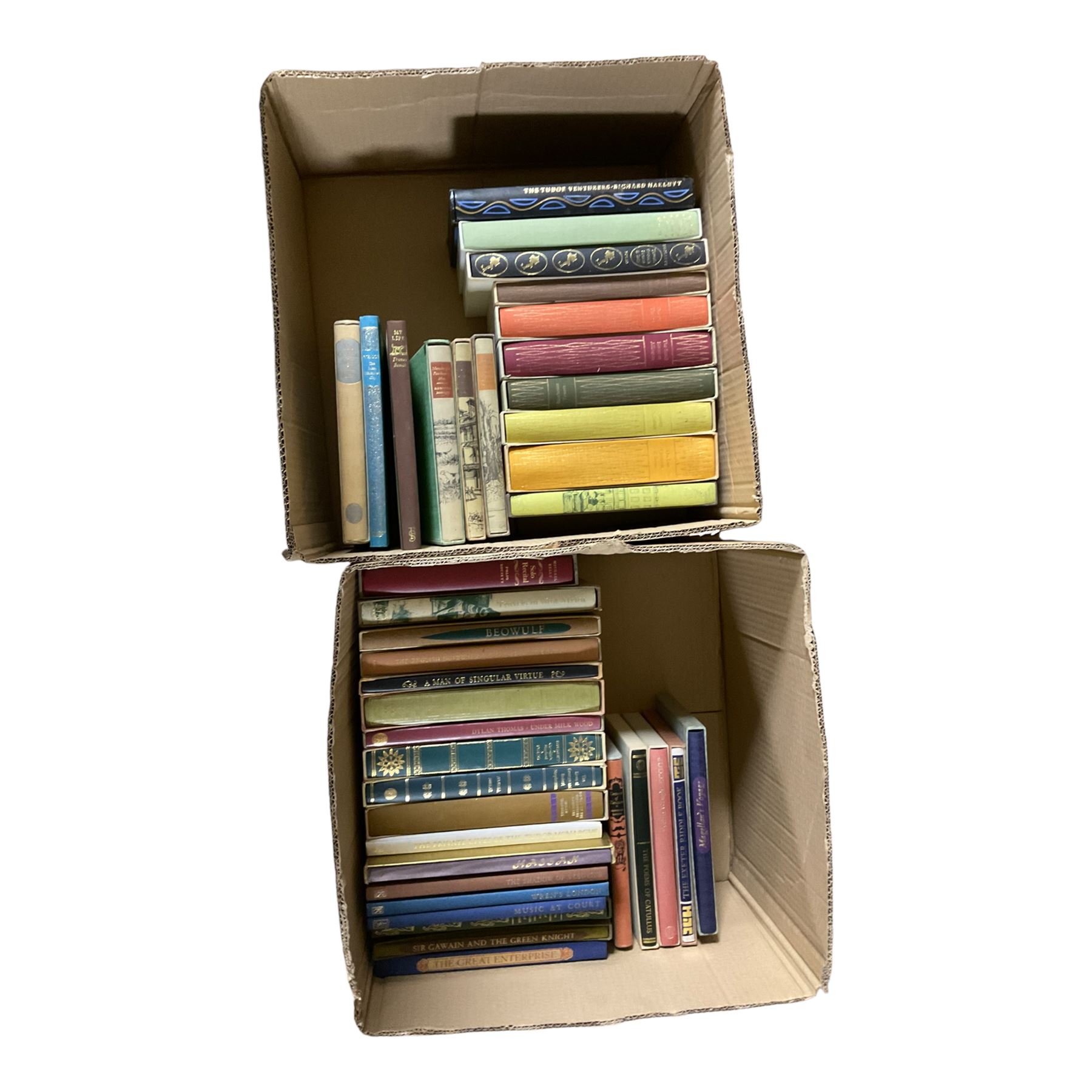 Folio Society; thirty nine volumes, including Beowulf, Hassan, Music at Court, Sir Gawain and the Green Knight etc, in two boxes 