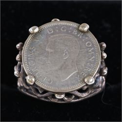 Silver-gilt stone set suite of jewellery, including ring, necklace and pair of earrings, together with five stone set/enamel rings and a coin ring