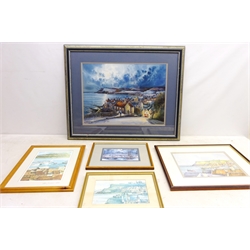  'Robin Hoods Bay', limited edition colour print No.35/850 signed by John Freeman (British 1942-), 'Whitby', three other prints after the same hand and one after John Emerson max  38cm x 52cm (5)  