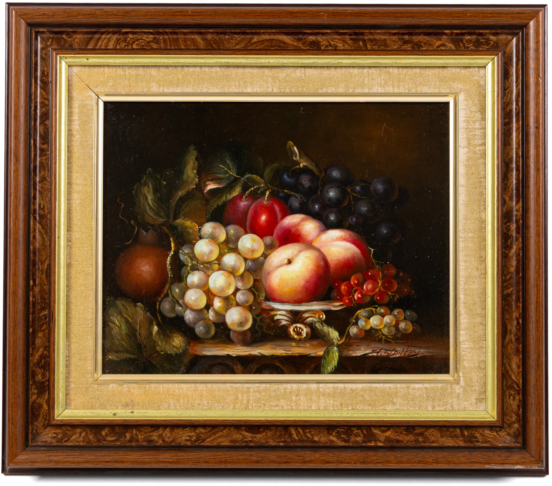 T Stanley (British late 19th/early 20th century): Still Lifes of Peaches Grapes and Foliage, pair of oils on board signed 19cm x 24cm (2)