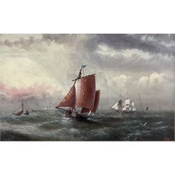 R Coverdale (British 19th/20th century): Fishing Yawl and other Masted Vessels at Sea, oil on canvas signed with initials, signed and dated '78 verso 22cm x 34cm