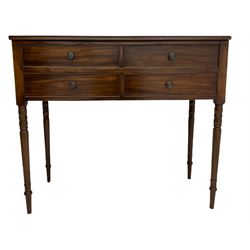Georgian design mahogany side table, the moulded top over two short and one long drawer, raised on turned supports
