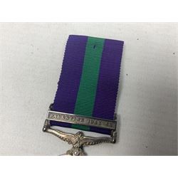 George VI General Service Medal with Palestine 1945-48 clasp awarded to 19117460 Pte. P. Tilmouth R. Lincolns; with ribbon