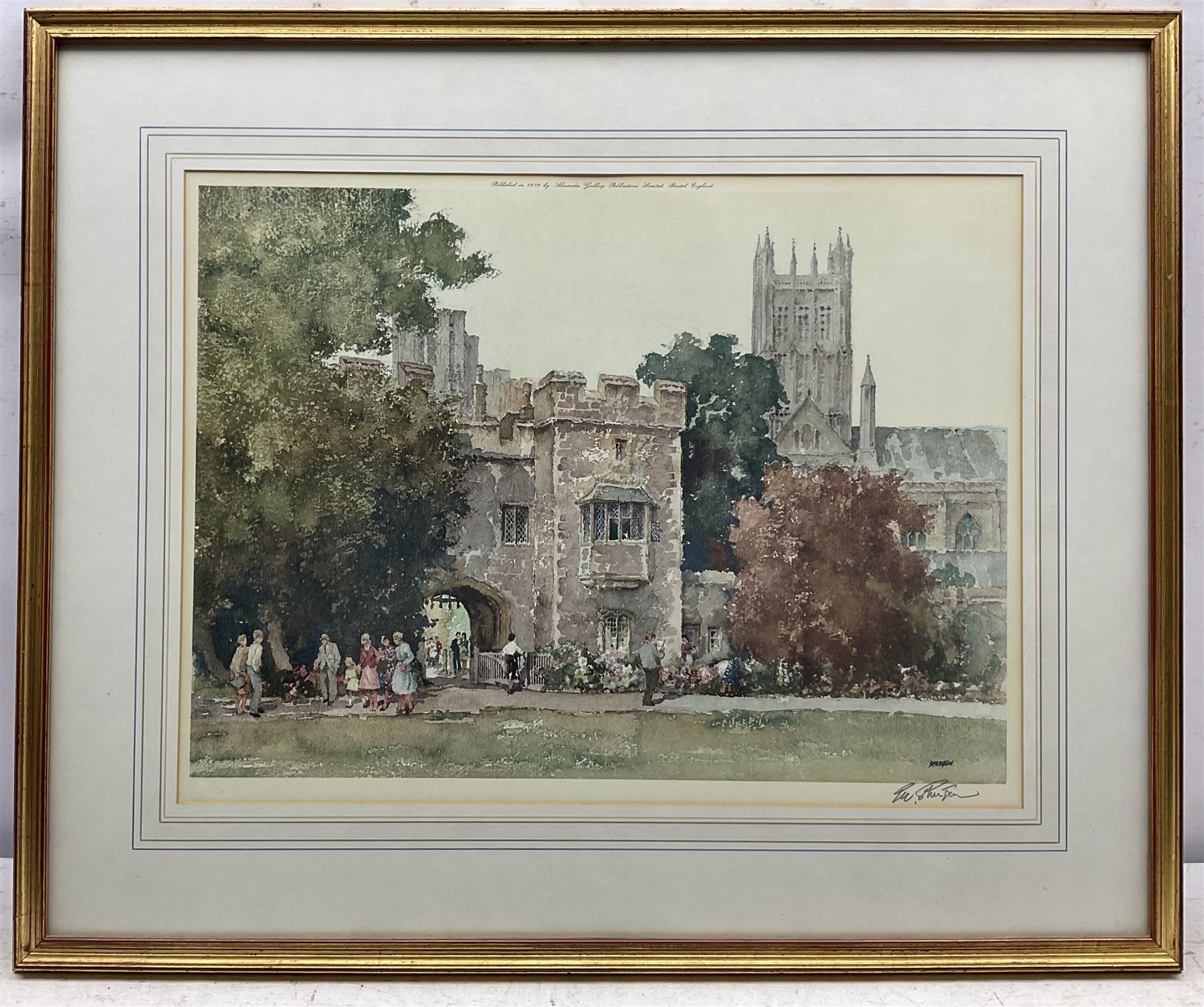 Eric R. Sturgeon (British 1920-1999): 'The Palace Gatehouse Wells', 'Bath Abbey', 'Pulteney Bridge' and 'Wells Cathedral', set of four lithographs signed in pencil and blind stamped, together with a print of Labradors, signed 'Logan' and numbered in pencil max. 43cm x 58cm (5)