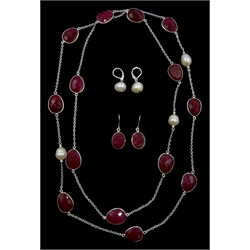Faceted ruby and pearl necklace and two pairs of similar earrings, one pair stamped 925