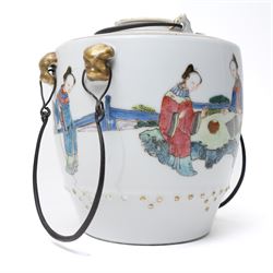 Chinese 18th/19th century Ming dynasty ceremonial teapot carrier, each side painted with scenes of ladies attending a tea ceremony, the internal teapot also painted with ladies in traditional dress, H13cm; together with a Chinese famille verte vase, painted with a traditional landscape, archaic mark to base, H14.5cm 