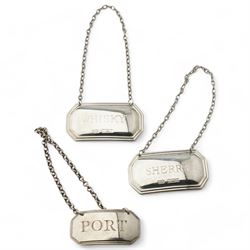 Edwardian silver miniature hay rake with ebonised handle L20cm Birmingham 1908 Maker T H Hazlewood & Co., pair of silver decanter labels 'Whisky' and 'Sherry' Birmingham 1985, another 'Port', silver vesta case and small silver dish D8cm