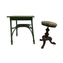 Lloyd Loom style green table (60cm x 60cm, H71cm), and a Victorian walnut revolving stool (2)