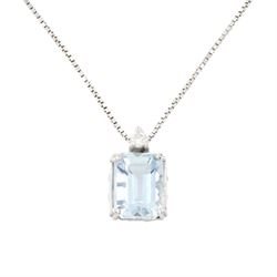 18ct white gold aquamarine and diamond pendant necklace, single emerald cut aquamarine of ...