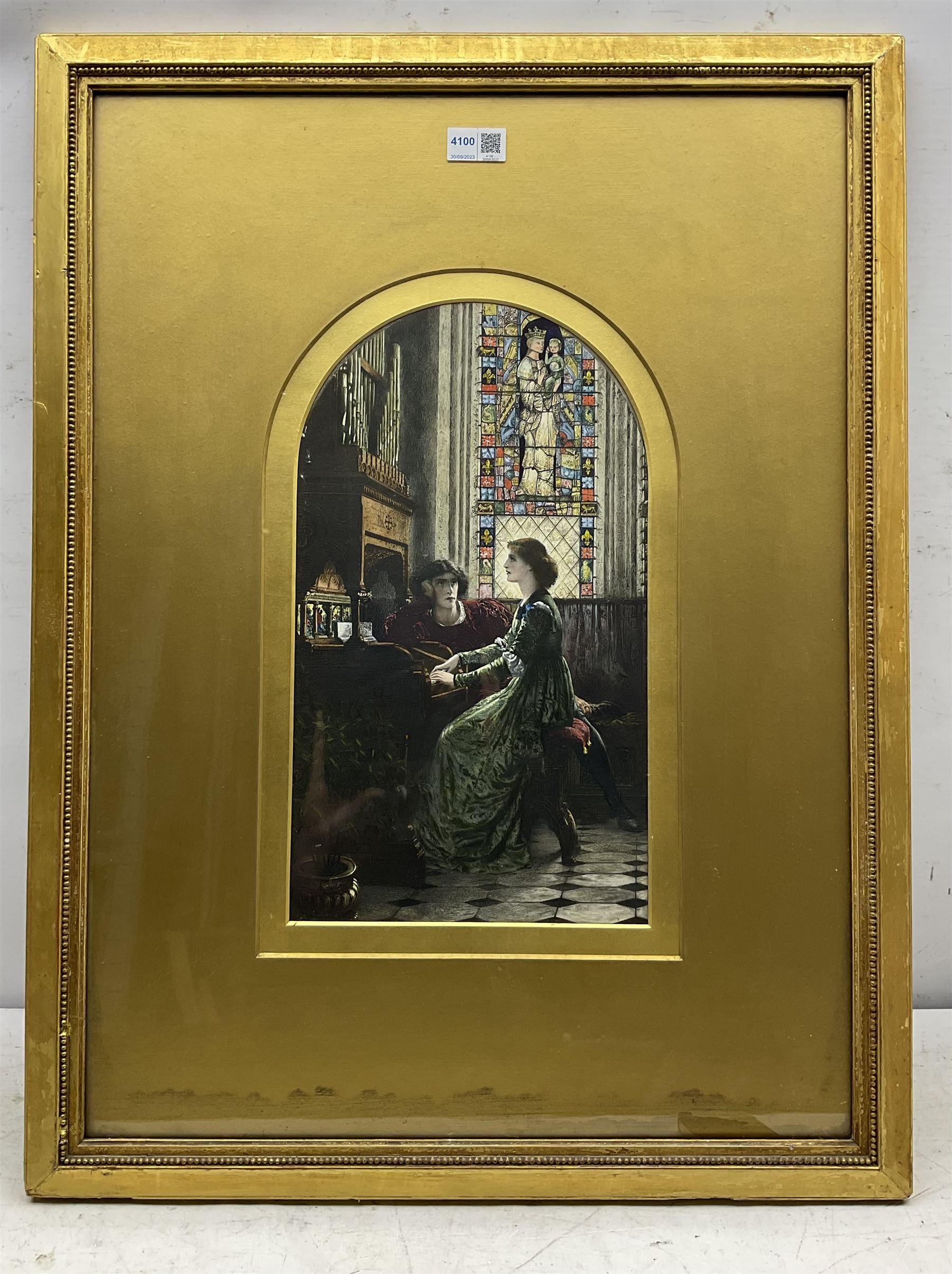After Sir Frank Dicksee (British 1853-1928): 'Harmony', textured hand coloured line engraving signed and dated 1878 in the plate 40cm x 23cm
Notes: Shortly after Dicksee was granted a studentship to enter the Royal Academy Schools, he joined the Langham Sketching Club. One evening the set subject was 'Music'. Encouraged with the sketch he had made Dicksee decided to make a repetition of it in oil. In 1877, when he was only 24 years old, the painting was exhibited at the Royal Academy with the new title Harmony. Presented to the Tate by the Trustees of the Chantrey Bequest 1877. Harmony is one of the most well known pictures by Dicksee