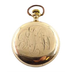 American gold-plated open face, 17 jewels keyless pocket watch by Waltham, No.15607264, white enamel dial with Roman numerals and Arabic twenty-four hour numerals and subsidiary seconds dial, screw back case engraved with initials
