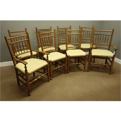  Set of eight (6+2) country style ash dining chairs, spindle backs, turned supports and stretchers, upholstered seats  