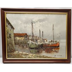 W Jones (20th century): Harbour Scene, oil on canvas signed 45cm x 60cm; I Cafieri: Landscape, oil on canvas signed 50cm x 60cm (2)