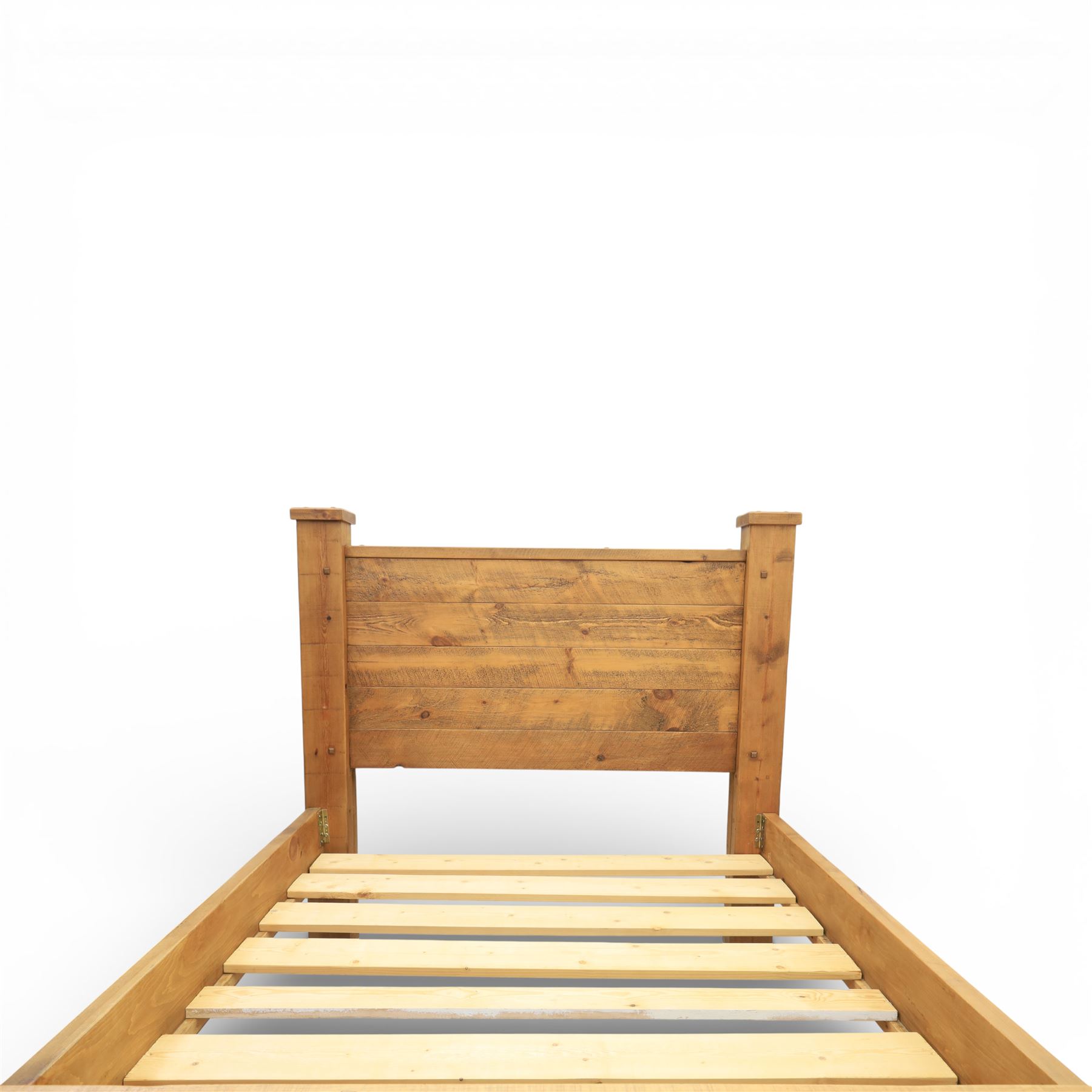 Alexander Ellis of Beverley - rustic pine king sized bed, of plank form construction with visible dowels, raised on stile supports