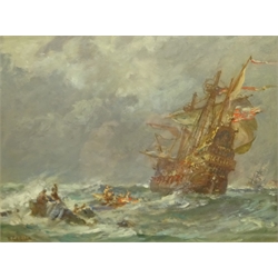  Bernard Finegan Gribble (British 1873-1962): Galleon and Rowing Boats in Stormy Seas, oil on board signed 20cm x 26cm  DDS - Artist's resale rights may apply to this lot  