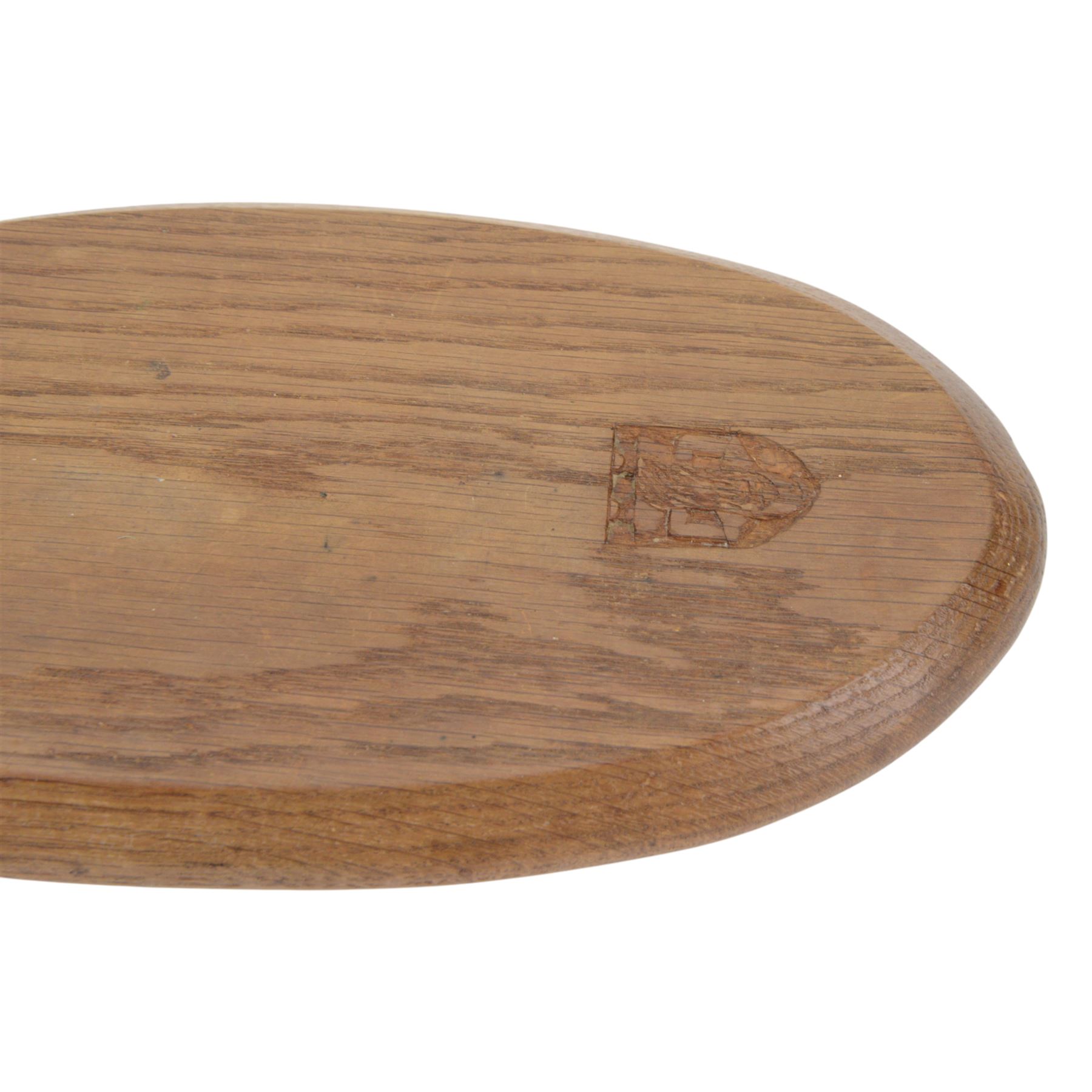 Gnomeman - tooled oak dish, carved with rose motif to the center, carved beneath with gnome signature, by Thomas Whittaker, Littlebeck, L36cm