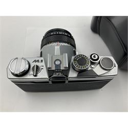 Olympus M-1 camera body, serial no. 110865, circa 1972, with ' Olympus M-System F.Zuiko Auto-S 1:1.8 f=50mm' lens, serial no. 105152, in leather case 