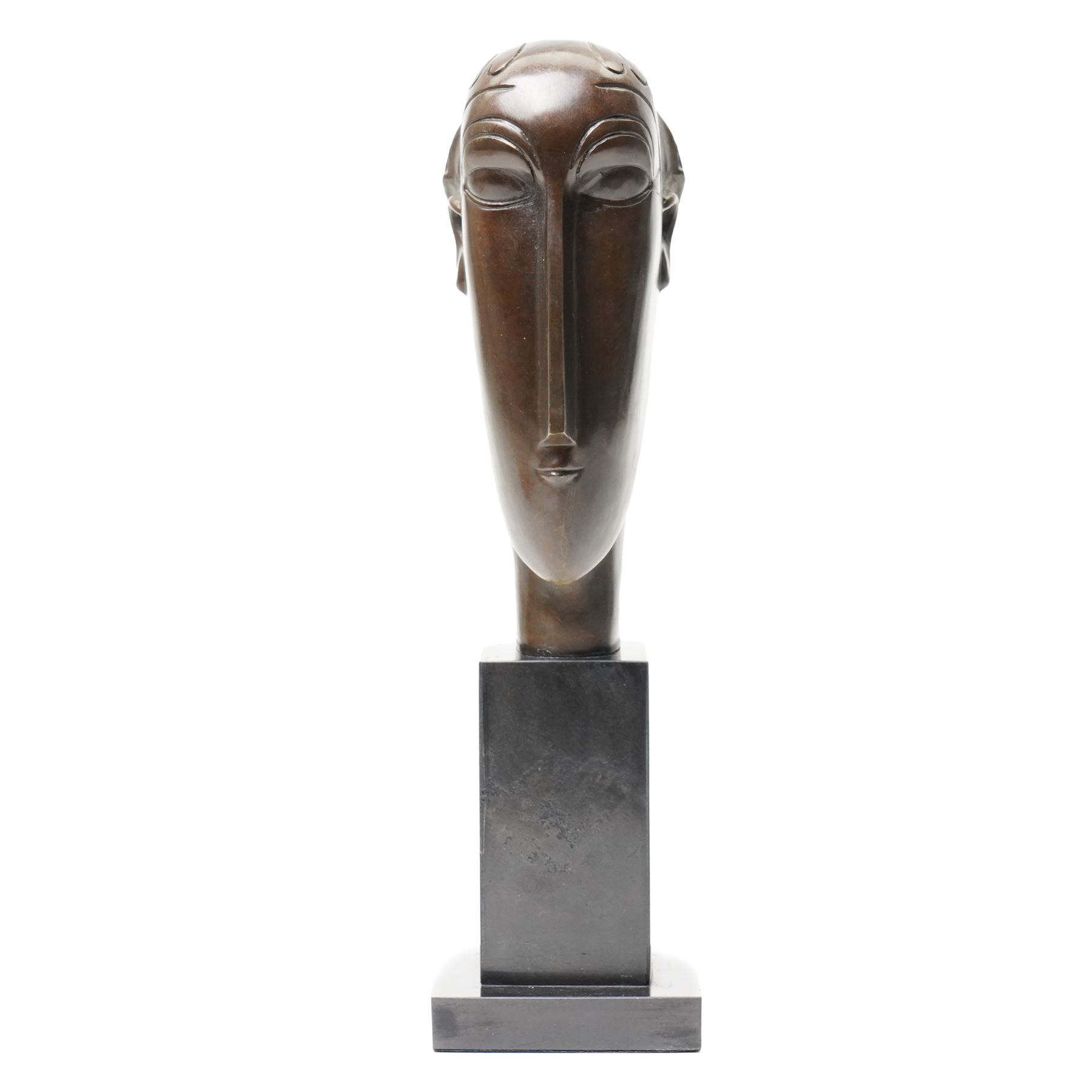 After Amedeo Modigliani (Italian 1884-1920): Head of a Young Woman, bronze on stepped marble plinth, overall H36.5cm