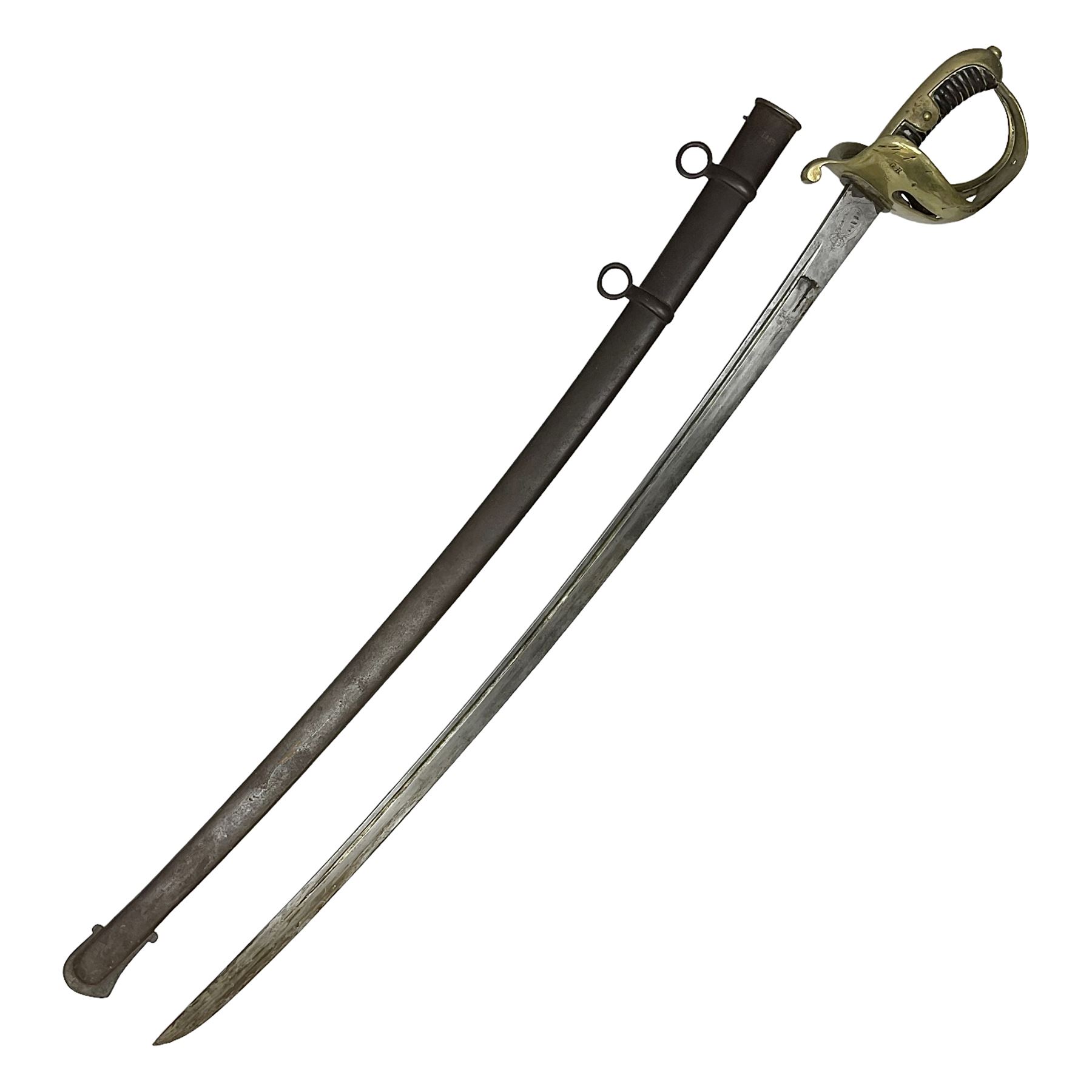 19th Century German (Saxony) Cavalry Sword, the 90.5cm single edge curved steel blade with narrow fuller to the back edge at each side, engraved with a crowned AR monogram and coat of arms, stamped with crowned AR, the back edge engraved C.v Keller im Solingen 1862, the brass half basket hilt with three flat curved bars, applied badge missing, marked G.R. 4, with ribbed leather covered grip and leather finger strap; in steel scabbard with two fixed suspension rings to one side and stamped G.R. II 118; L109.5cm overall